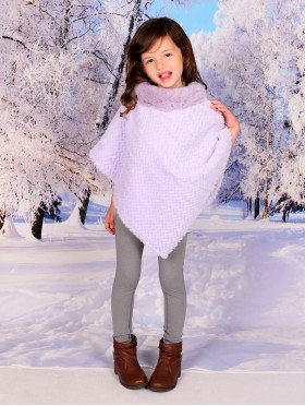 Kids Soft Faux Fur Poncho W/  Tile Pattern and Faux Fur Neckline (3-7 Years Old) 